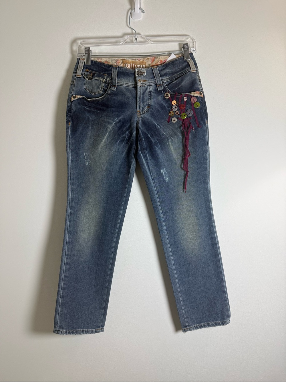 Galliano Blue Straight-Leg Jeans with Button & Ribbon Detail. New With Tags